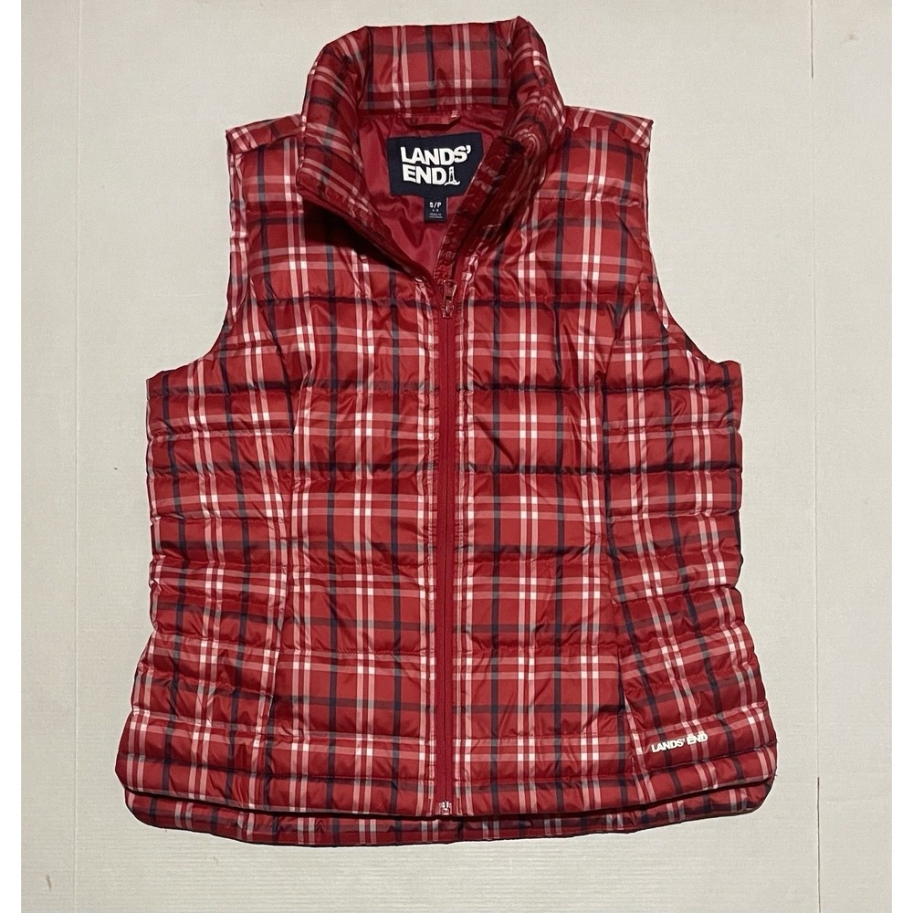 Lands' End Womens Red Plaid Down Puffer Vest Size Small 6-8 Full Zip